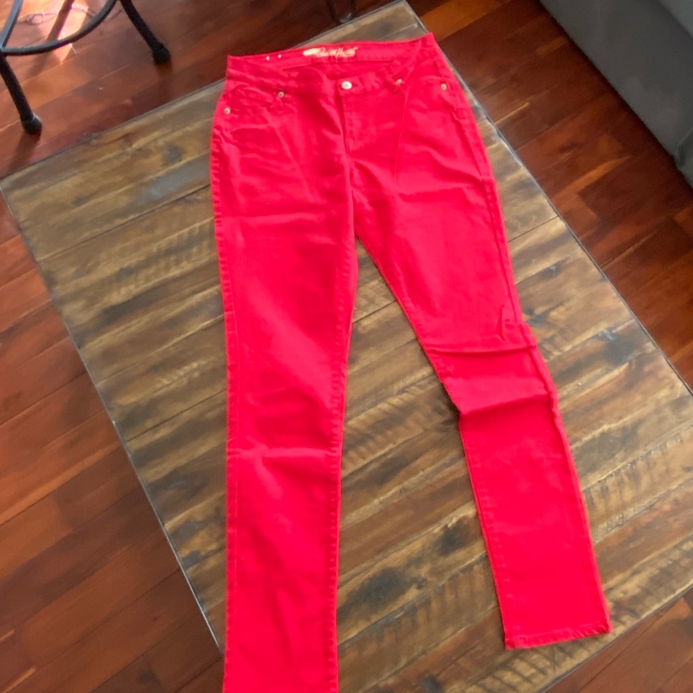 Red denim skinny jeans